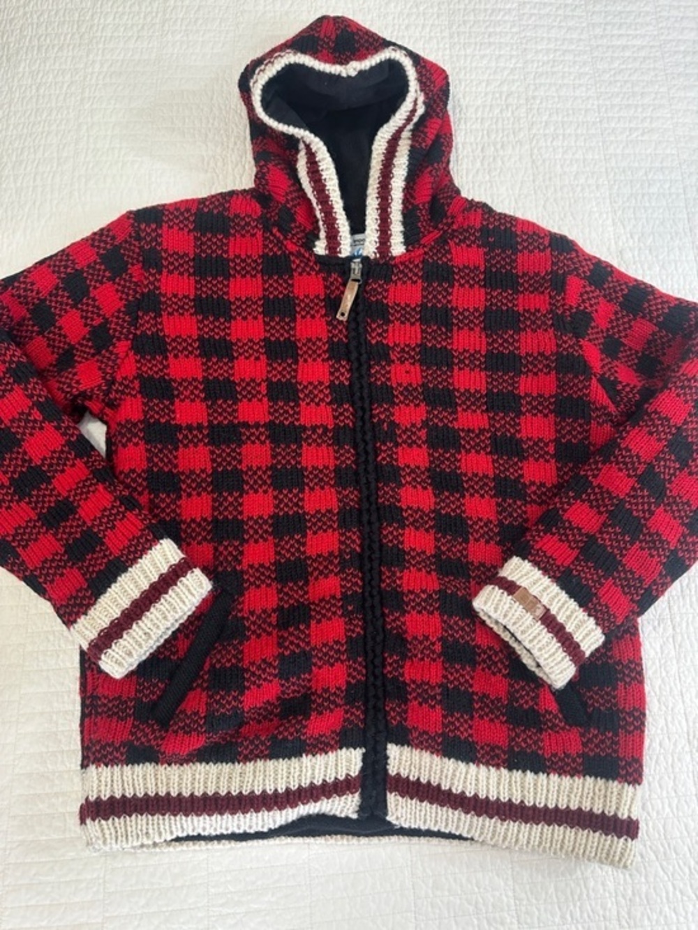 ARK 100% Wool Medium Red Black Buffalo Plaid Hooded Knit Zip Sweater Fleece line